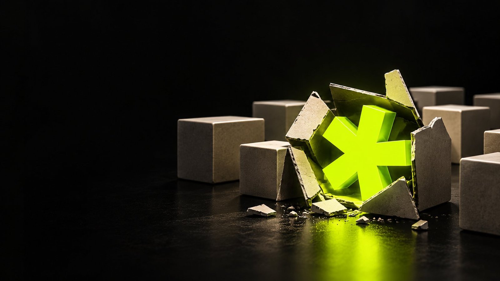A glowing lime asterisk breaking out of a grey concrete block, surrounded by identical blocks