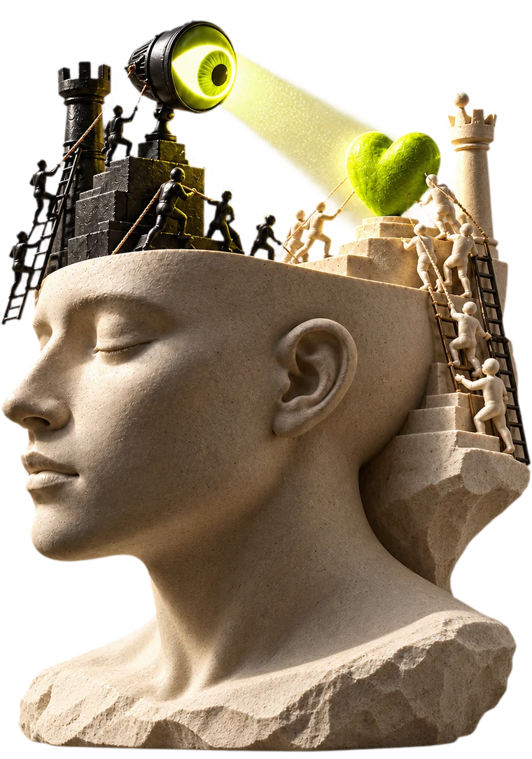 A stone head with a battle on top: dark figures pull a giant eye of attention, light figures haul a lime heart of desire